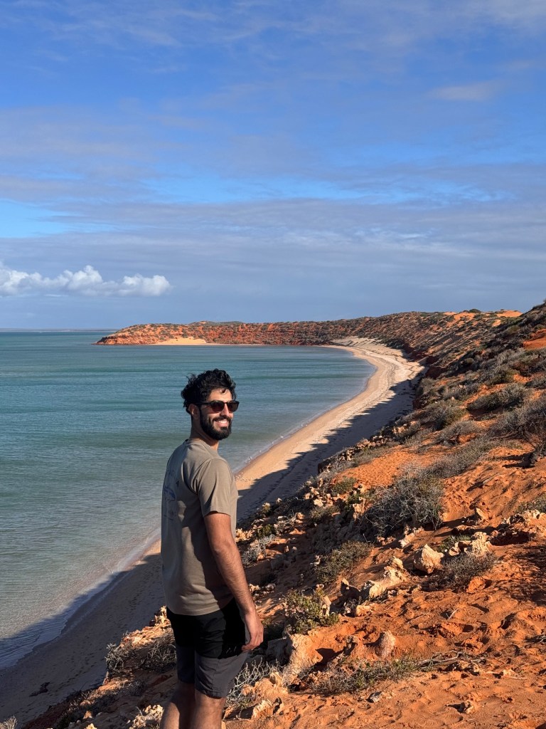 Sorridente su una scogliera di terra rossa davanti al mare nel Western Australia